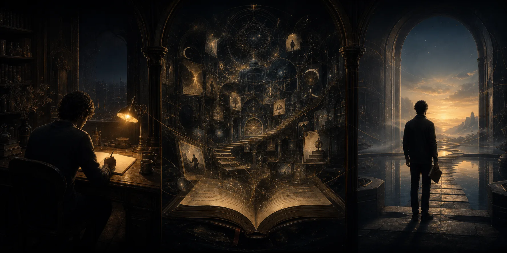 A seeker moves from a late-night journal through a hidden archive toward a clear horizon